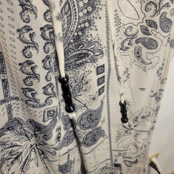H&M Size L Cream/black Boho Cotton Blend Drawstring Wide Leg Pants - Picture 2 of 7